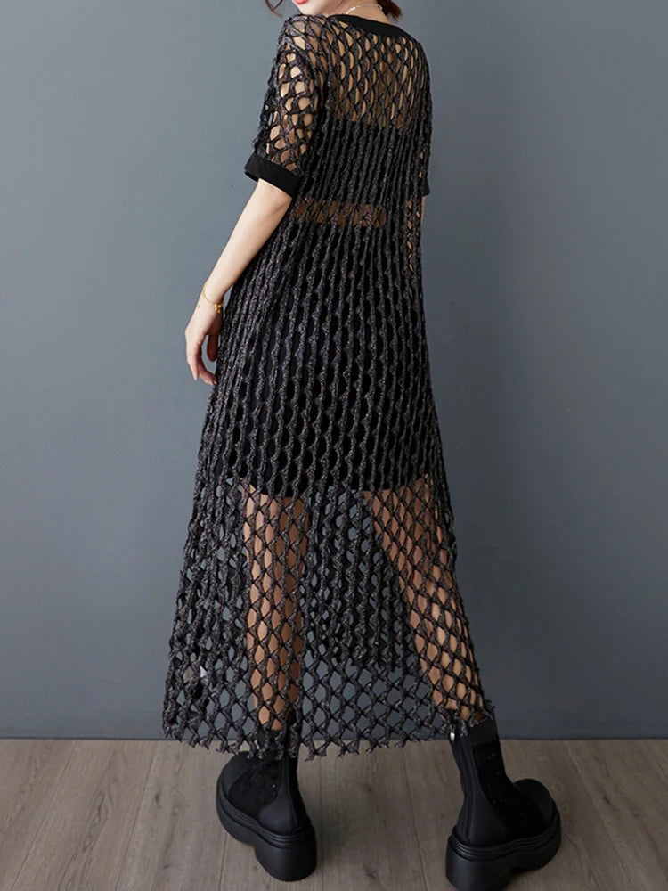 XITAO Hollow Out V-neck Short Sleeve Dress Casual Solid Color A-line Grid Loose Europe Comfortable Summer Women Dress GYX1577