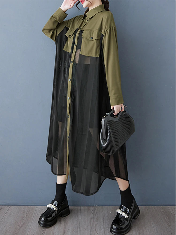 XITAO Patchwork Mesh Full Sleeve Single Breasted Dress Casual Solid Color Temperament A-line Turn-down Collar Dress GYX1567