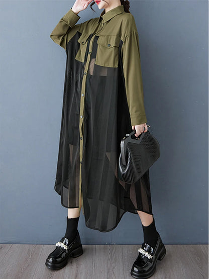 XITAO Patchwork Mesh Full Sleeve Single Breasted Dress Casual Solid Color Temperament A-line Turn-down Collar Dress GYX1567