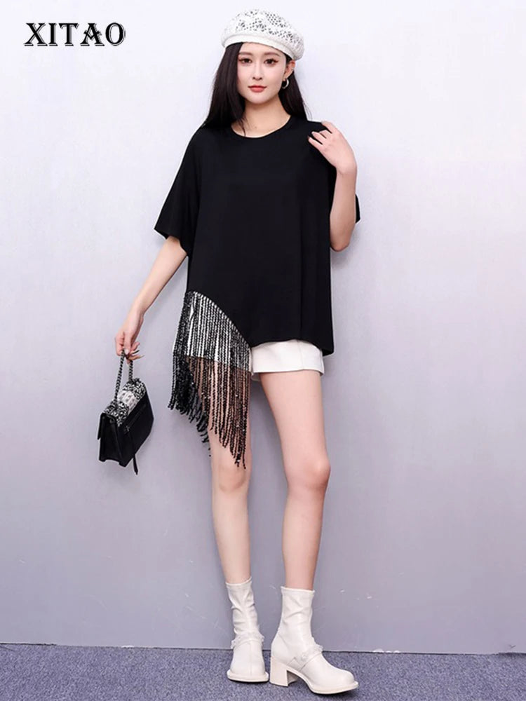 XITAO Tassels Asymmetrical Solid Color T-Shirts O-neck Loose Short Sleeve Pullovers Simple Summer Woman T-Shirts ZMY1262
