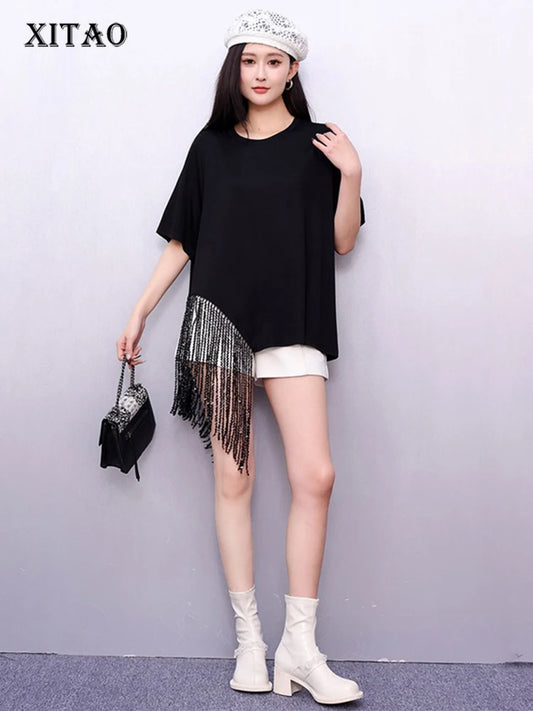 XITAO Tassels Asymmetrical Solid Color T-Shirts O-neck Loose Short Sleeve Pullovers Simple Summer Woman T-Shirts ZMY1262