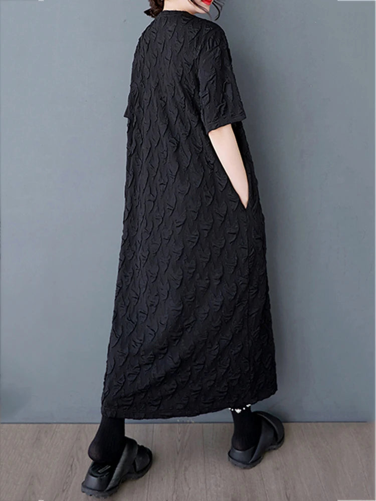 XITAO Jacquard O-neck A-line Dress Casual Solid Color Loose Fitting Literary Style Simple Texture Sensation Women Dress GYX1631