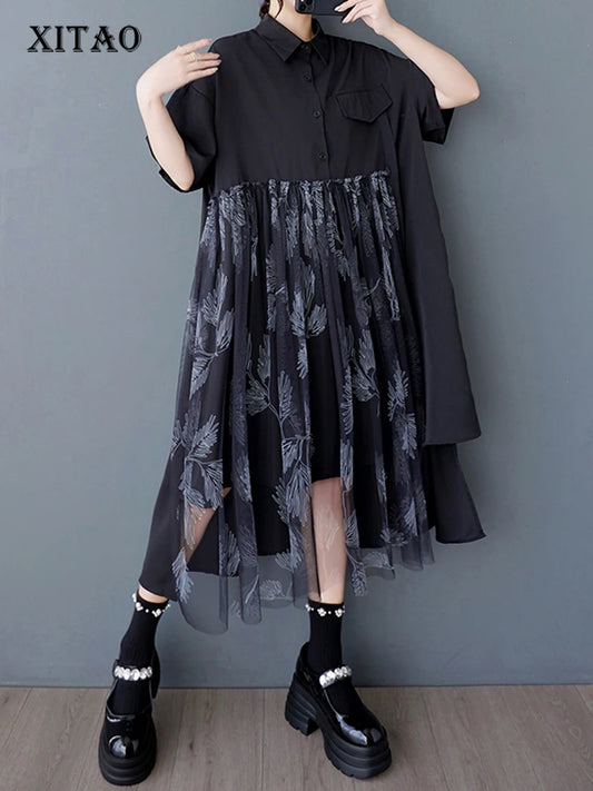 XITAO Patchwork Mesh Single Breasted Dress Casual Loose Fitting Short Sleeve Turn-down Collar New Arrival Female Dress GYX1630