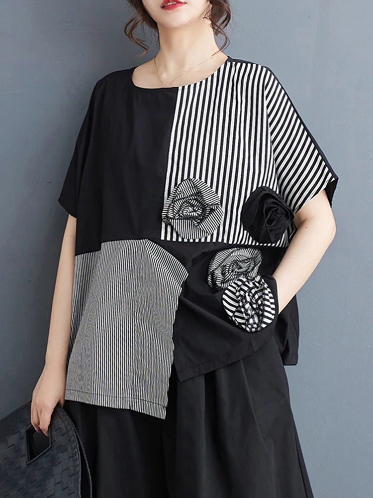 XITAO Asymmetrical T-shirt Contrast Color Striped Patchwork Three-dimensional Flower Decoration Women Summer New Top ZY8814