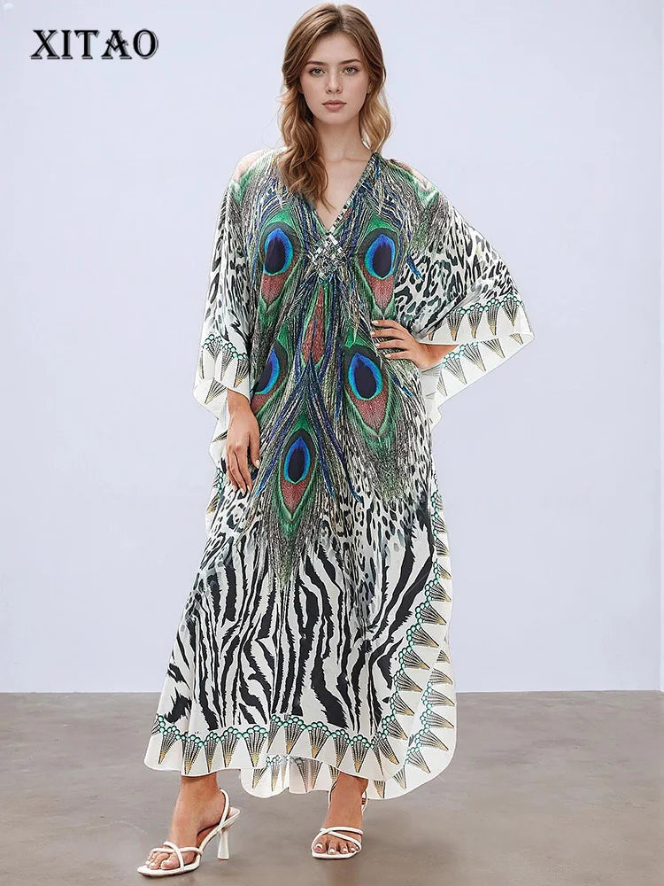XITAO Female Print Ankle-length Dress Loose Bat Wing Sleeve Contrast Color Fashion Personality V-neck Summer Woman Dress GJ1163