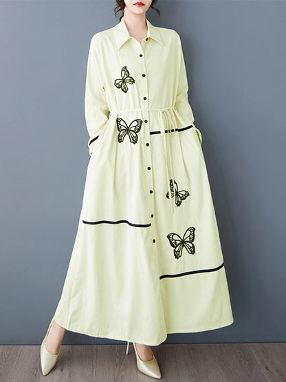 XITAO Embroidery Single Breasted Lapel Dress Casual New Arrival Slimming Fashion Full Sleeve A-line Spring Women Dress GYX1514