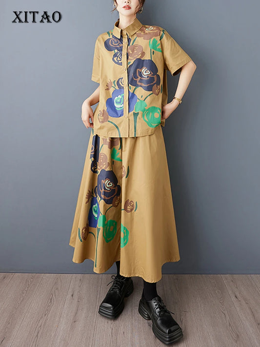 XITAO Print Flower Single Breasted Skirt Set Casual Loose Short Sleeve Turn-down Collar A-line Vintage Spring Women Set GYX1601