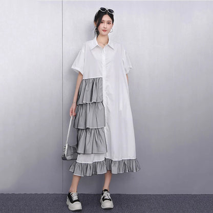 XITAO Patchwork Mesh Turn-down Collar Dress Single Breasted Pleated Short Sleeve Solid Color Fashion Summer Women Dress ZMY1200
