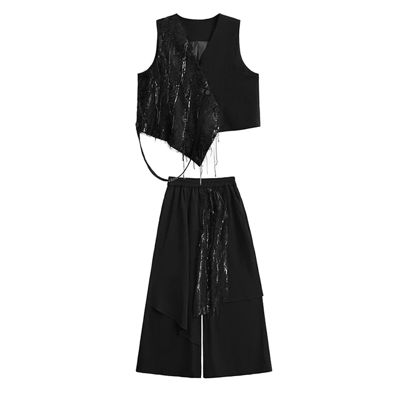 XITAO Sequins Patchwork Sleeveless Pant Sets Irregular Single Breasted V-neck Vest Elastic Waist Pocket Loose Pant ZY8939