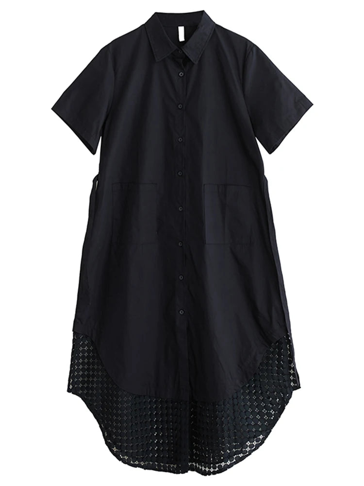XITAO Loose Patchwork Mesh Dress Casual Slimming Single Breasted Women Summer Short Sleeve Turn-down Collar Dress ZMY1209