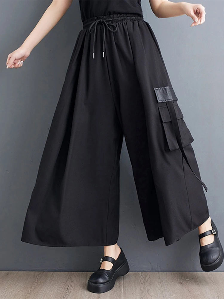 XITAO Elastic Waist Pocket Lace-up Pant Casual Solid Color New Wide-leg Slimming Fashion Leisure Spring Women Pant GYX1548
