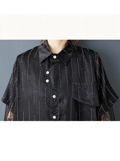 XITAO Lace Patchwork Asymmetrical Dress Single Breasted Turn-down Collar Long Sleeve Side Split Casual Temperament Dress ZMY1322