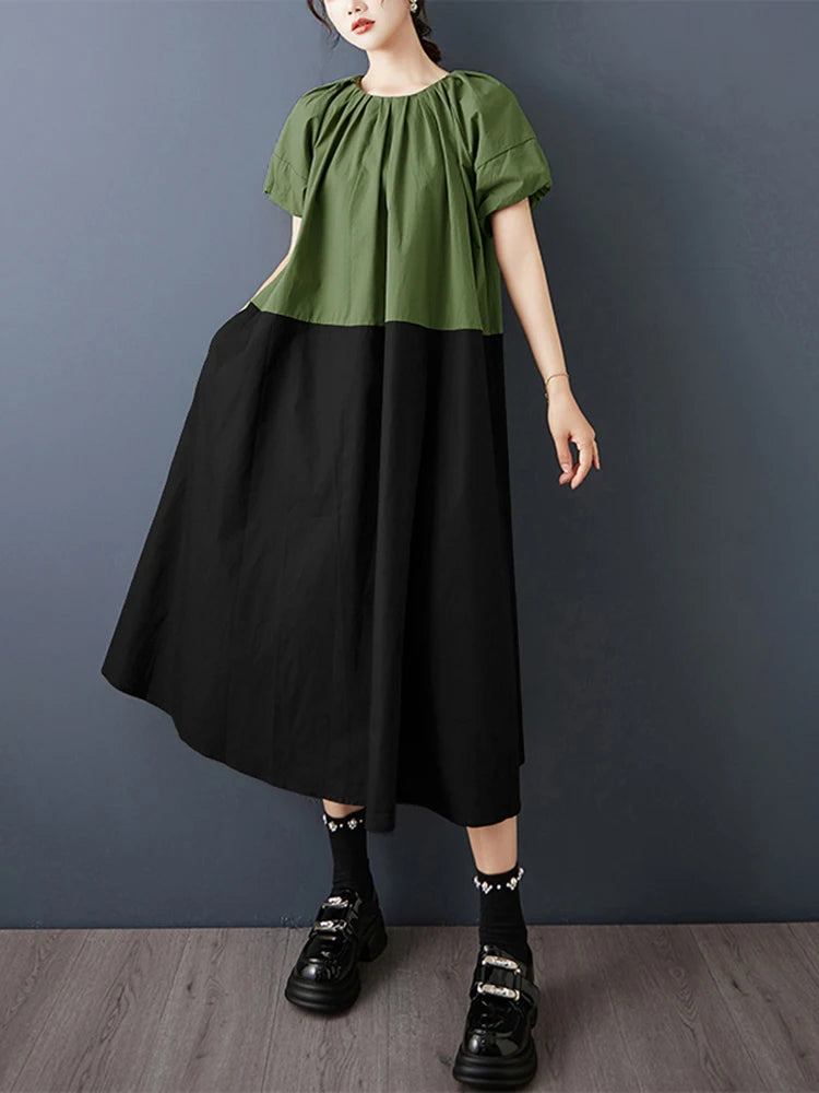 XITAO A-line Contrast Colors Loose Dress Pullover Patchwork O-neck Lantern Sleeve Slimming Casual Summer Woman Dress ZMY1409