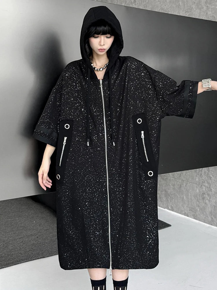 XITAO Zipper Hooded Drawstring Coat Casual Loose Fitting Slimming New Arrival V-neck Personality Spring Female Trench ZMY1049