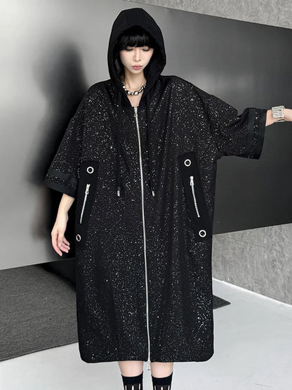 XITAO Zipper Hooded Drawstring Coat Casual Loose Fitting Slimming New Arrival V-neck Personality Spring Female Trench ZMY1049