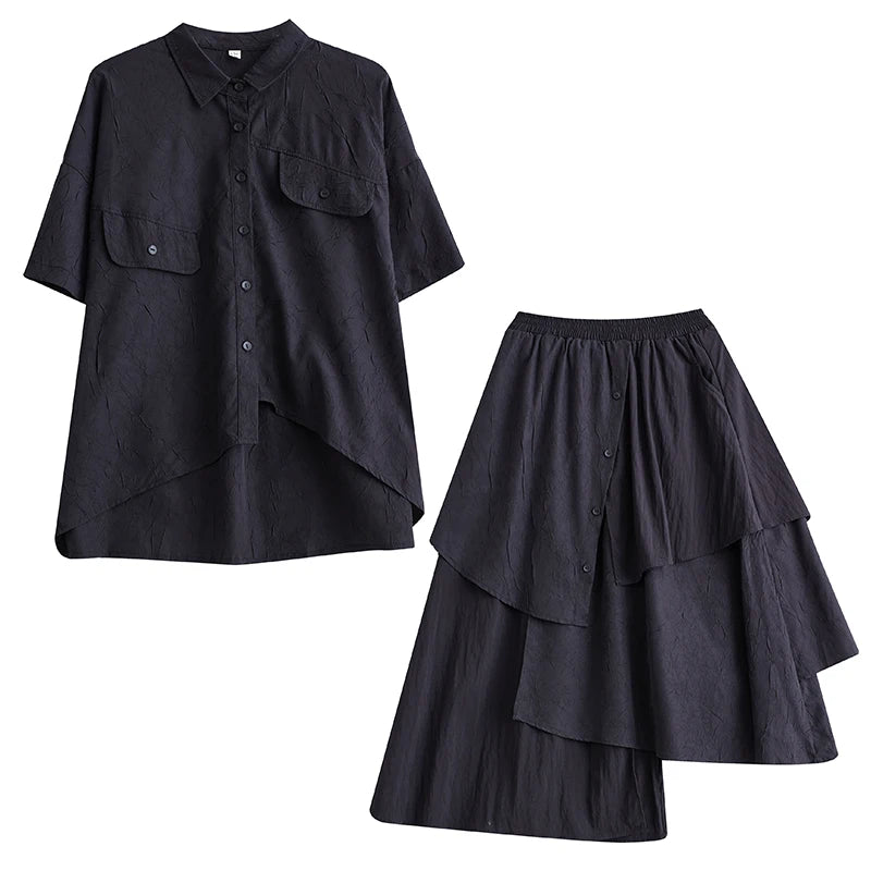 XITAO Irregular Pocket Button Single Breasted Matching Set Casual Loose Fitting Elastic Waist Turn-down Collar Women Set GYX1629