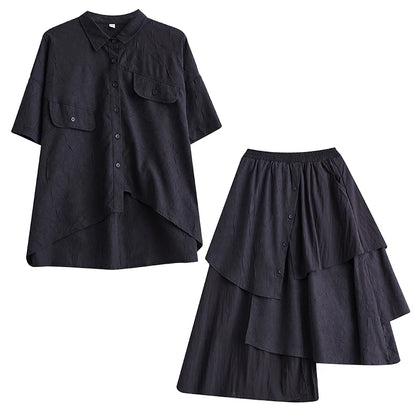 XITAO Irregular Pocket Button Single Breasted Matching Set Casual Loose Fitting Elastic Waist Turn-down Collar Women Set GYX1629