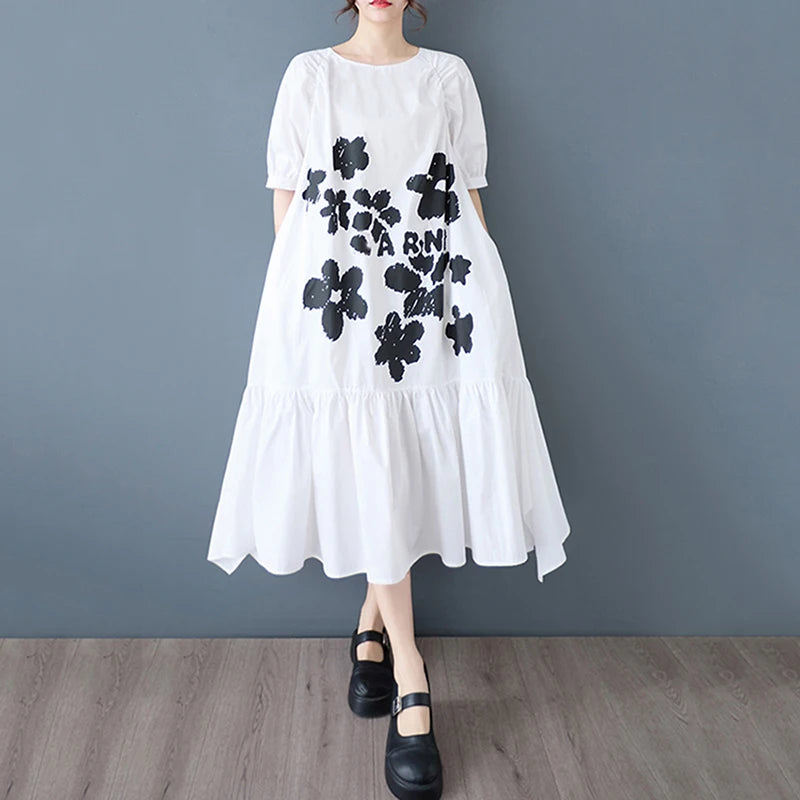 XITAO Asymmetrical Patchwork Print Folds Dress O-neck Pullover Short Sleeve Loose A-line Slimming Casual All Match GYX1623