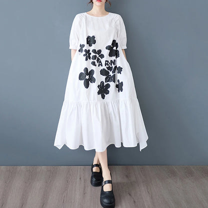 XITAO Asymmetrical Patchwork Print Folds Dress O-neck Pullover Short Sleeve Loose A-line Slimming Casual All Match GYX1623