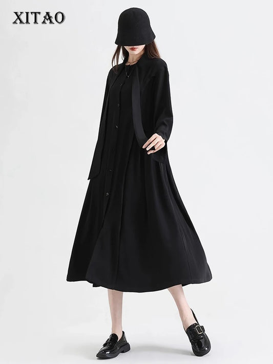 XITAO Bandage Patchwork Solid Color Folds Dress Long Sleeve Single Breasted Loose Slimming Temperament A-line Dress HQQ2502