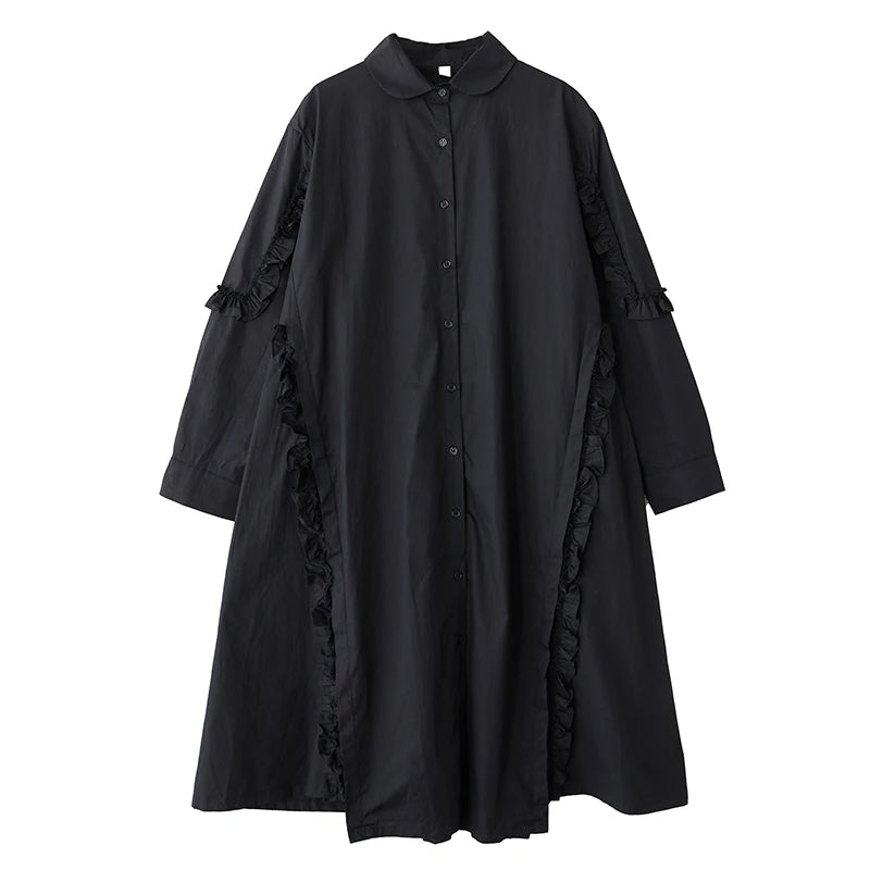 XITAO Edible Tree Fungus Patchwork Asymmetrical Dress Solid Color Single Breasted Turn-down Collar Loose Shirt Dress GYX1513