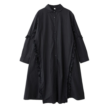 XITAO Edible Tree Fungus Patchwork Asymmetrical Dress Solid Color Single Breasted Turn-down Collar Loose Shirt Dress GYX1513