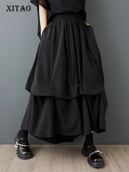 XITAO Irregular Pleated Skirt Solid Color Casual Elastic Waist Loose Simple All-match Temperament Summer Woman Skirt ZMY1273