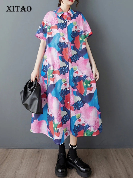 XITAO Loose Print Irregular Shirt Dress Casual A-line Single Breasted Women Summer Short Sleeve Turn-down Collar Dress ZMY1136