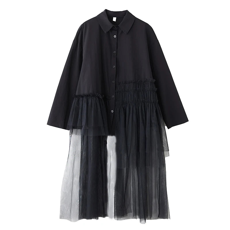 XITAO Irregular Patchwork Mesh Pleated Dress Casual Turn-down Collar Single Breasted Buckle Full Sleeve New Women Dress GYX1509