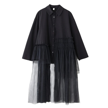XITAO Irregular Patchwork Mesh Pleated Dress Casual Turn-down Collar Single Breasted Buckle Full Sleeve New Women Dress GYX1509