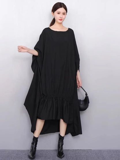 XITAO Solid Color Irregular O-neck Dress Slimming Bat Wing Sleeve Pullover Temperament Summer Woman New Arrival Dress ZMY1347