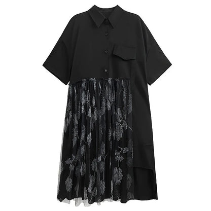 XITAO Loose Patchwork Shirt Dress Temperament Mesh Print Women Summer Short Sleeve Street Turn-down Collar Dress ZMY1078