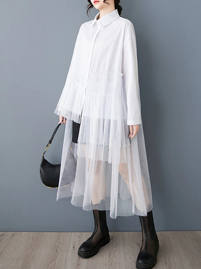 XITAO Irregular Patchwork Mesh Pleated Dress Casual Turn-down Collar Single Breasted Buckle Full Sleeve New Women Dress GYX1509