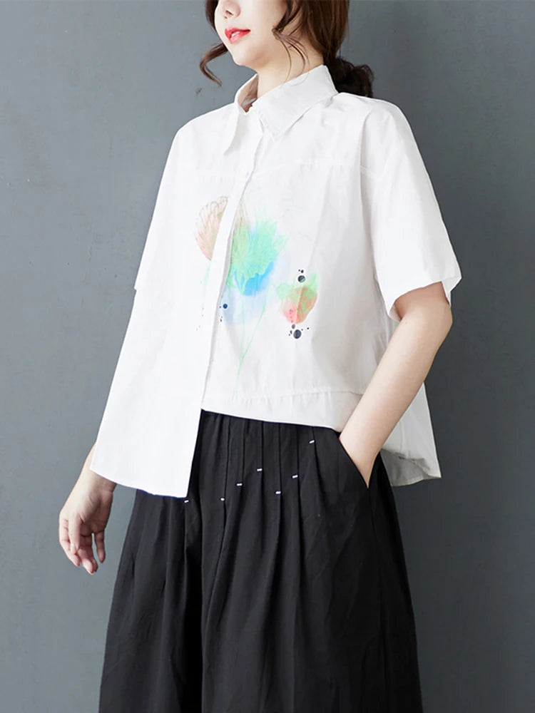 XITAO Print Single Breasted Shirt Casual Turn-down Collar Half Sleeve Simple Leisure Flower Thin Summer Female Shirt GYX1535