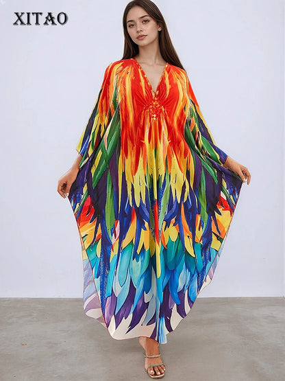 XITAO Bat Wing Sleeve Vintage V-neck Print Dress Loose V-neck Casual Side Slit Temperament Personality Summer Woman Dress GJ1160