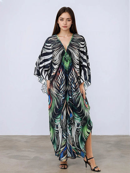 XITAO Print Contrast Color Loose Female Dress V-neck Casual Ankle-length Elegant Personality Pullover Summer Woman Dress GJ1158