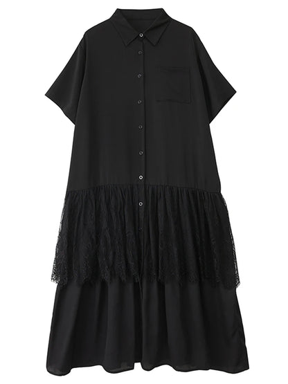 XITAO Lace Patchwork Turn-down Collar Dress Casual A-line Single Breasted Loose Fitting Hong Kong New Summer Women Dress HQQ2484