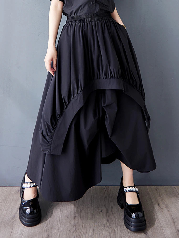 XITAO Irregular Pleated Elastic Waist Skirt Casual Solid Color A-line Loose Fitting Asymmetric New Spring Women Skirt HQQ2455