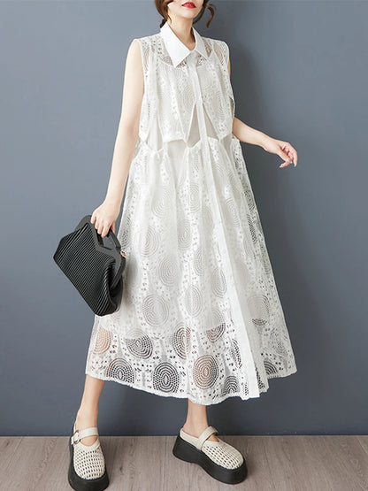 XITAO Patchwork Pocket Hollow Out Mesh Dress Casual Loose Fitting A-line Sleeveless Sweet New Arrival Summer Women Dress GYX1648