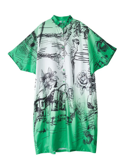 XITAO Contrast Color Print Pocket Patchwork Dress Turn-down Collar Single Breasted Short Sleeve Loose Casual Shirt Dress ZMY1169
