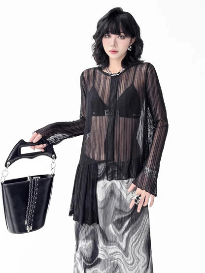XITAO Gauze Patchwork Asymmetrical Perspective T-Shirts Solid Color Pullover O-neck Long Sleeve Slim Personality T-shirt ZMY1323