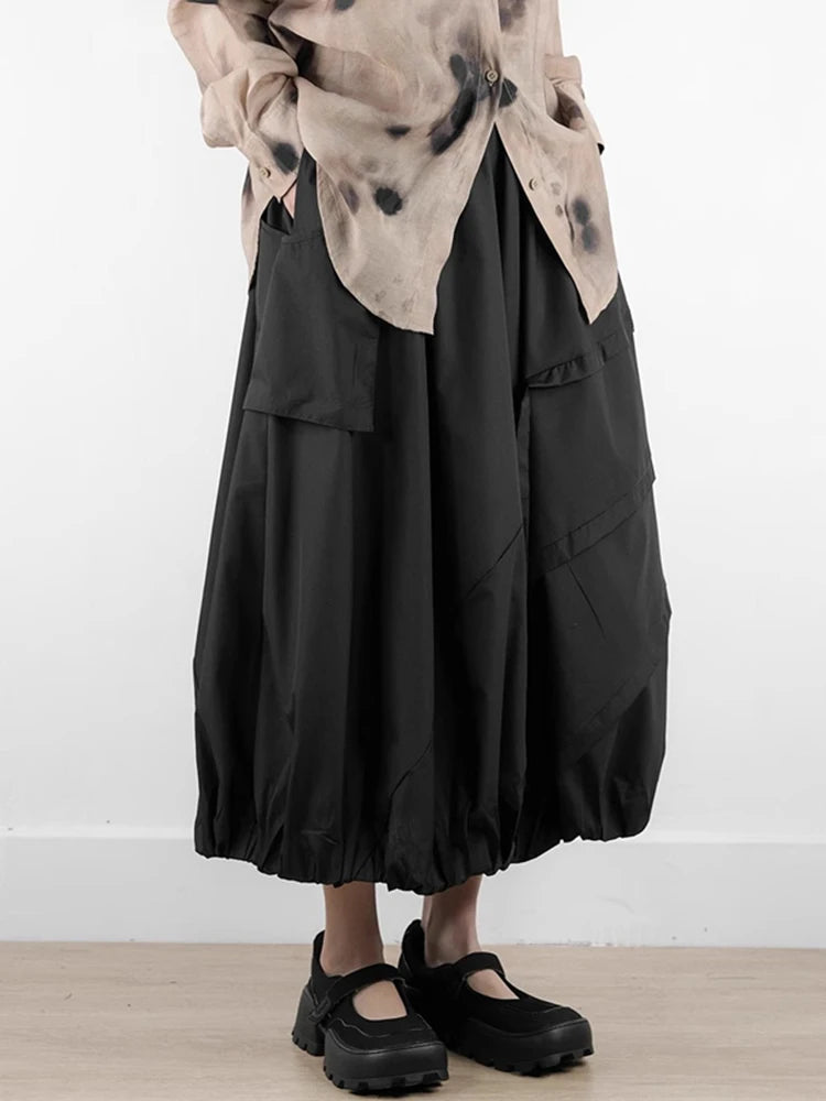 XITAO Pocket Patchwork Elastic Waist A-line Skirt Solid Color Folds Slimming All Match Loose Casual Summer Women Skirt ZMY1167