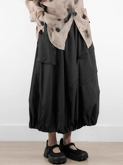 XITAO Pocket Patchwork Elastic Waist A-line Skirt Solid Color Folds Slimming All Match Loose Casual Summer Women Skirt ZMY1167