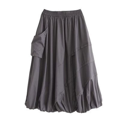 XITAO Bud Pocket Elastic Waist Skirt A-line Casual Loose Fit Solid Color Pleated Fashion Patchwork Summer Women Skirt HQQ2470