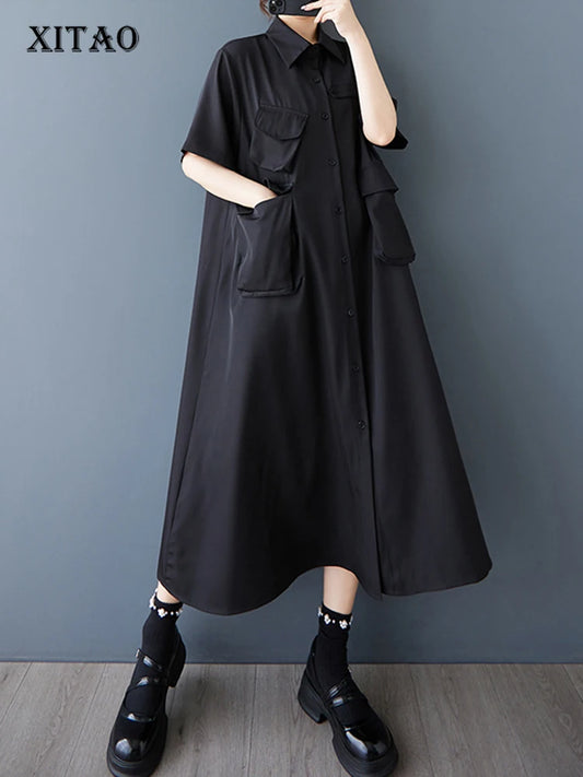 XITAO Asymmetric Pocket Female Dress Loose Solid Color Turn-down Collar Single Breasted Women Temperament Shirt Dress ZMY1145