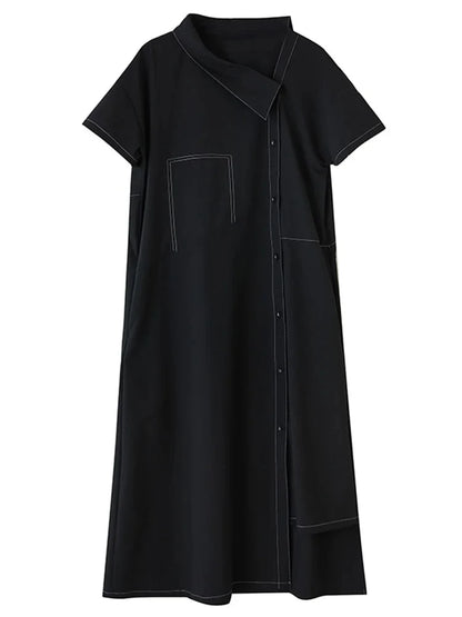 XITAO Irregular Single Breasted Dress Short Sleeve Vintage Loose Casual A-line Slimming Solid Color Summer Woman Dress ZMY1377