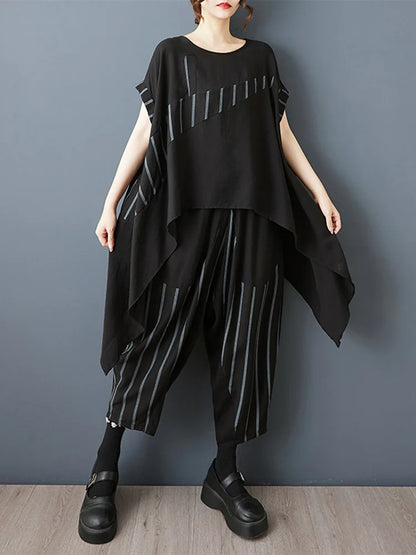 XITAO Irregular Striped Print Sets Patchwork O-neck Short Sleeve Loose Slimming Elastic Waist Two-piece Woman Sets ZMY1318