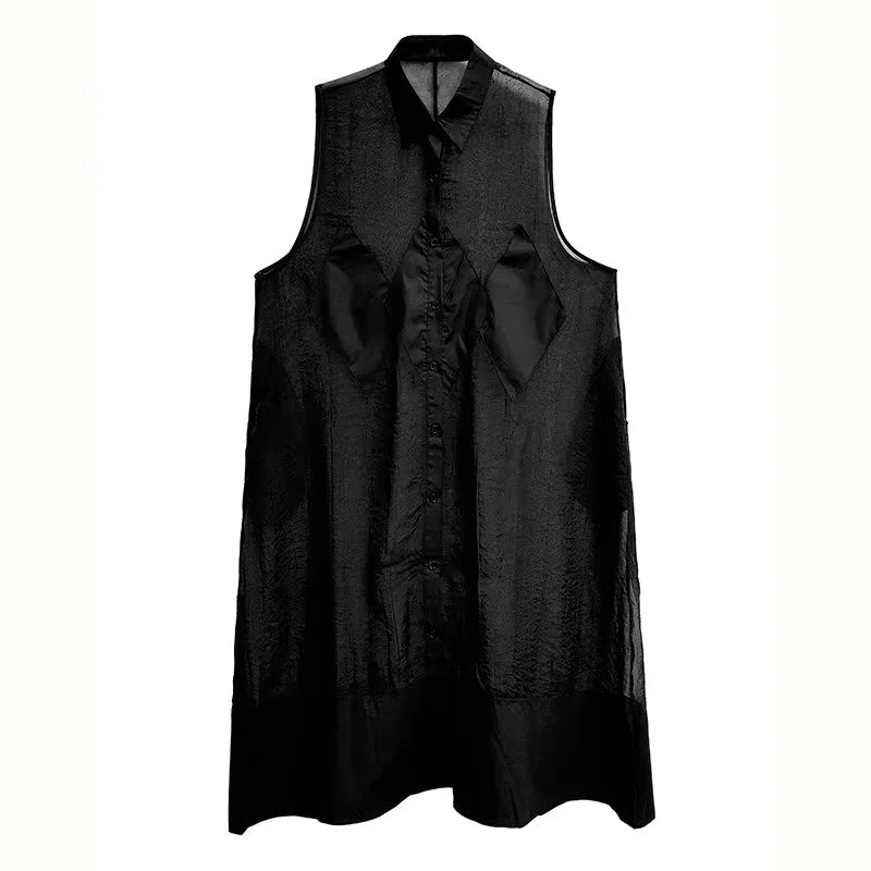 XITAO Rhombus Gauze Patchwork Sleeveless Dress Solid Color Turn-down Collar Single Breasted Loose Perspective Dress ZY8941