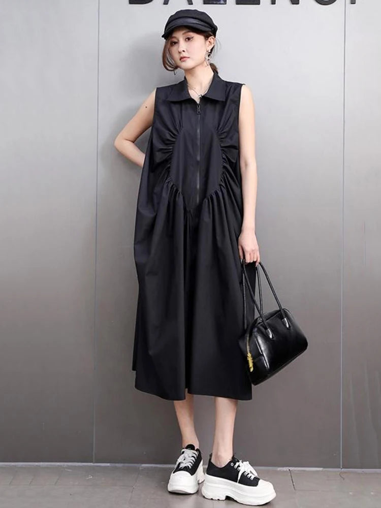 XITAO Fold Zipper Sleeveless Turn-down Collar Dress Solid Color Patchwork Pocket Loose Casual Slimming All Match Dress HQQ2445