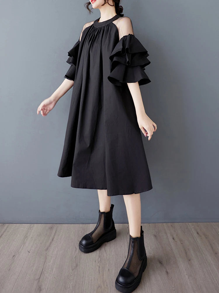 XITAO Mesh Patchwork O-neck Female Loose Dress Slimming A-line Simple Solid Color Women Temperament Elegant Dress ZMY1047